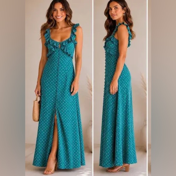 Nwot Kate Spade Teal Polka Dot Ruffle Maxi Dress